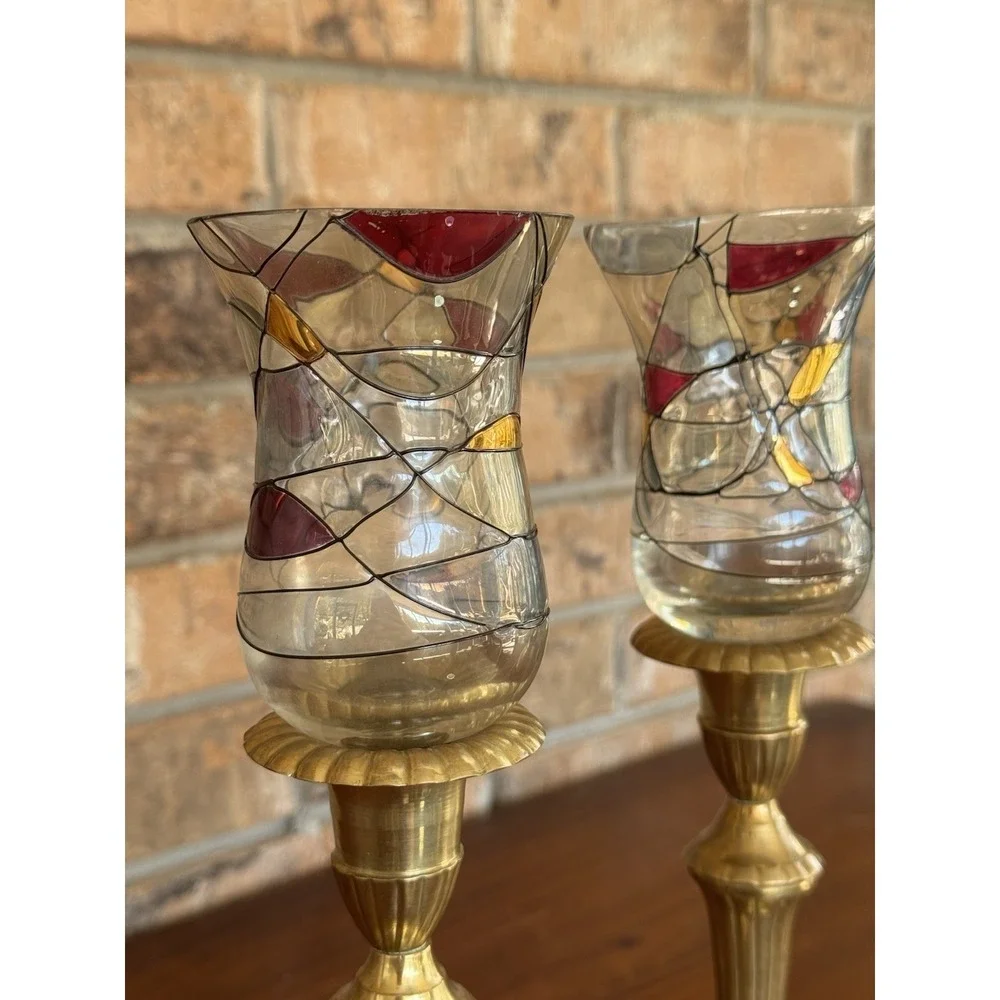 Vintage Stained Glass Votive Cups Pair Amber Red Art Glass Mid Century Style